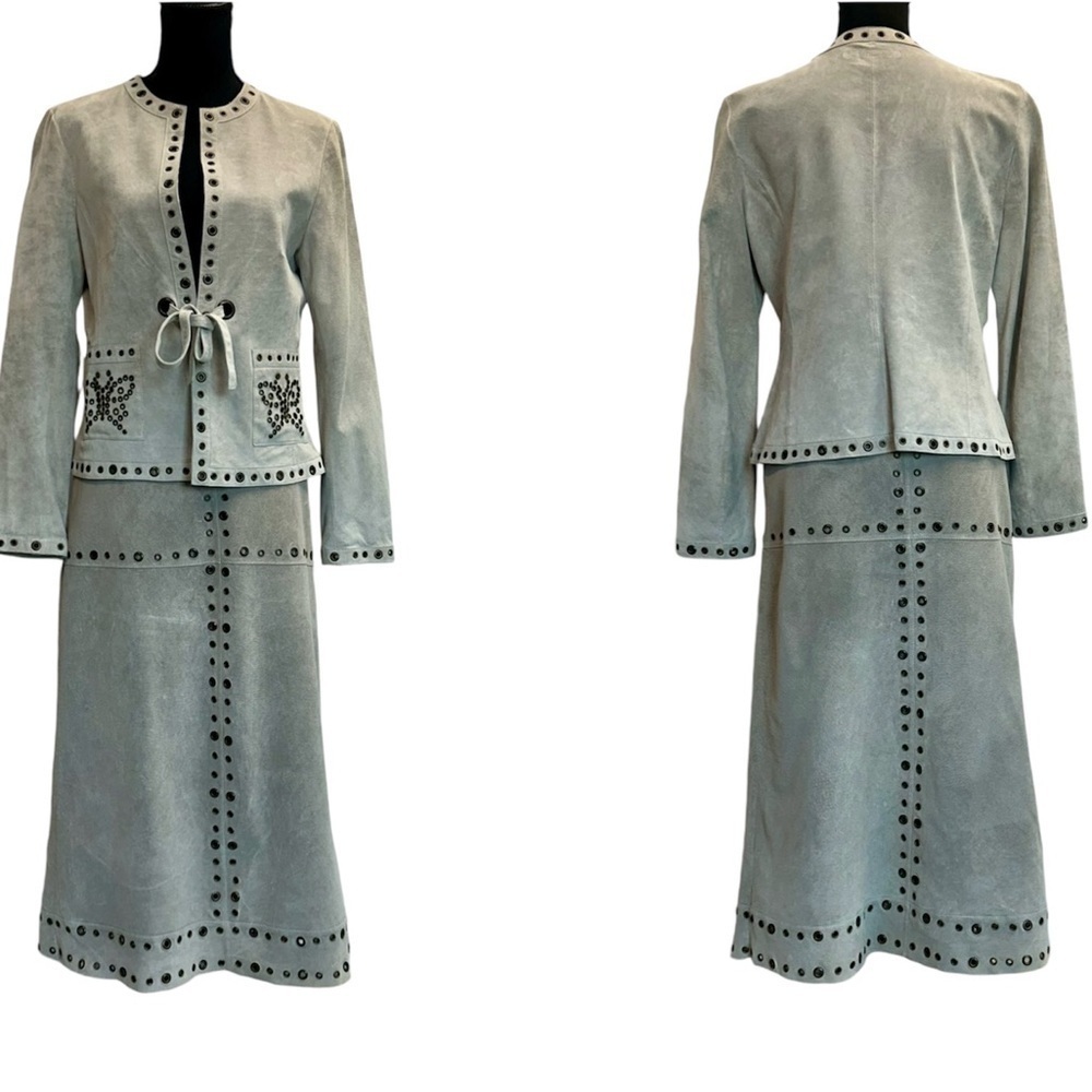 Sandra Angelozzi gray taupe suede butterfly grommet blazer midi pencil skirt set